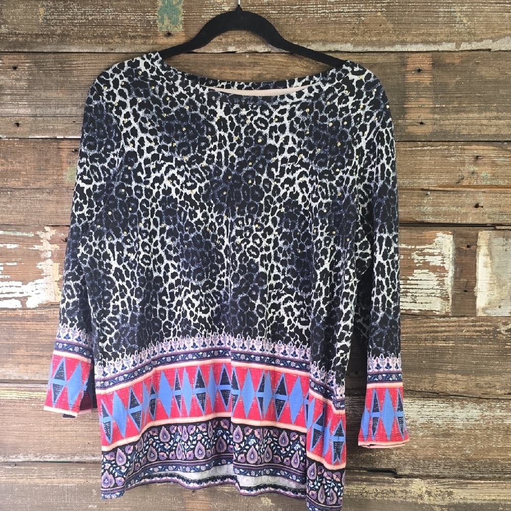 Rafaella Black and Blue Patterned Long Sleeve Top, Size 1X